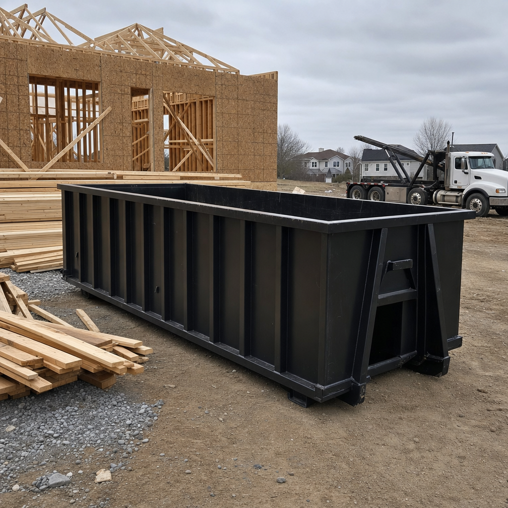 Matte-black 40-yard roll-off dumpster staged on a framed-out residential construction site in Kent, framing lumber stacked nearby, hooklift delivery truck visible in the background under bright Colorado daylight
