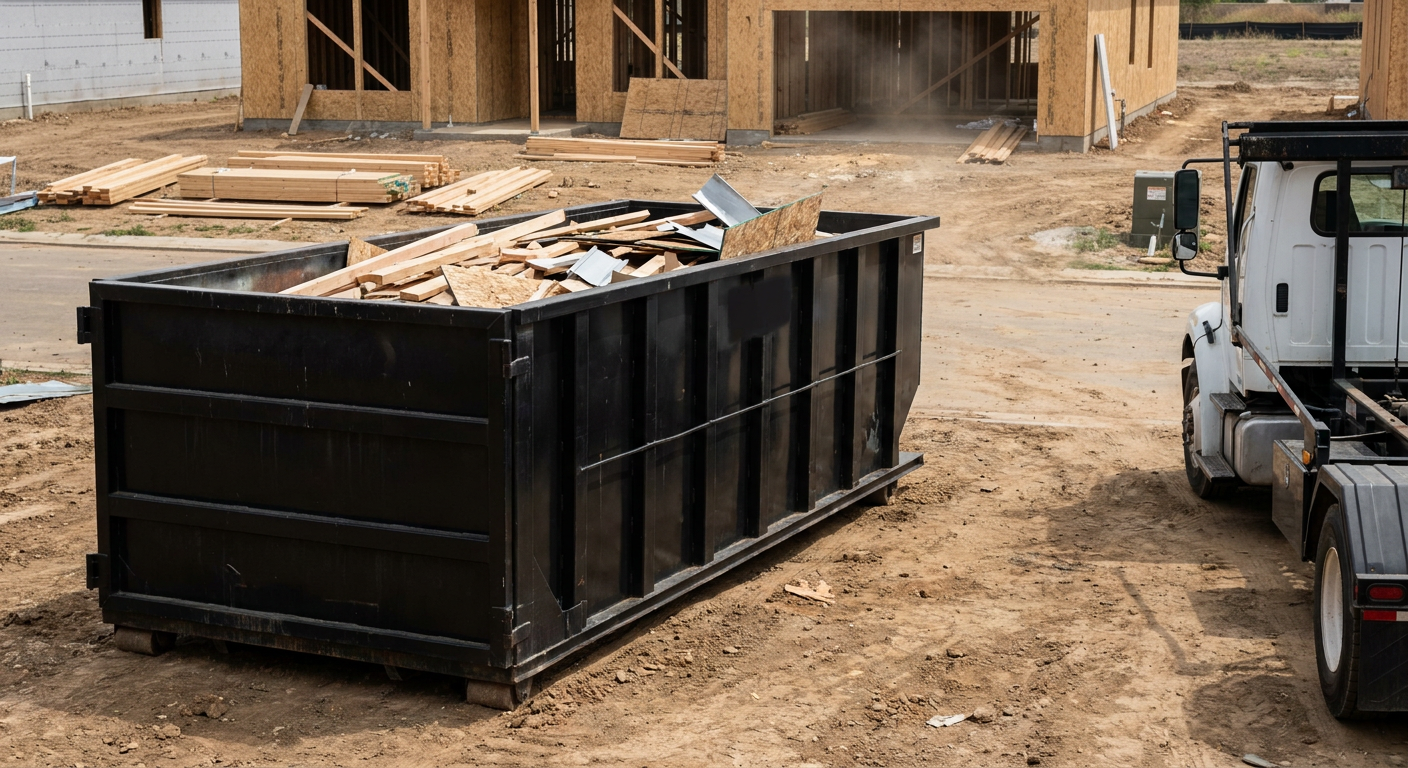 Matte-black 20-yard roll-off construction dumpster with heavy ribbed steel sidewalls and swing rear doors at a working jobsite in Kent, sitting directly on compacted dirt with an unmarked white hauler partially visible at the far edge of the frame.