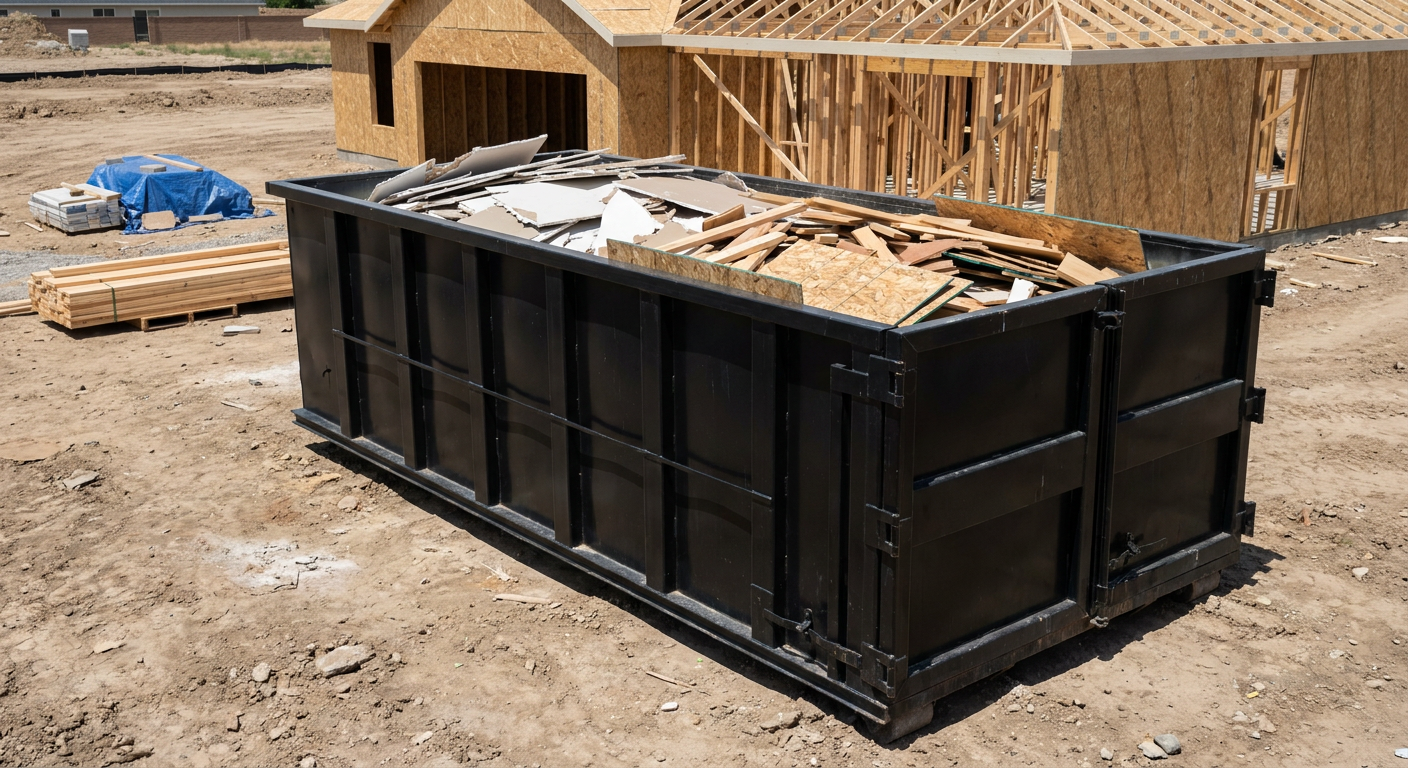 Matte-black 30-yard roll-off construction dumpster sitting directly on the compacted-dirt site of a framed single-family home build in Kent, drywall and lumber scrap loaded inside.