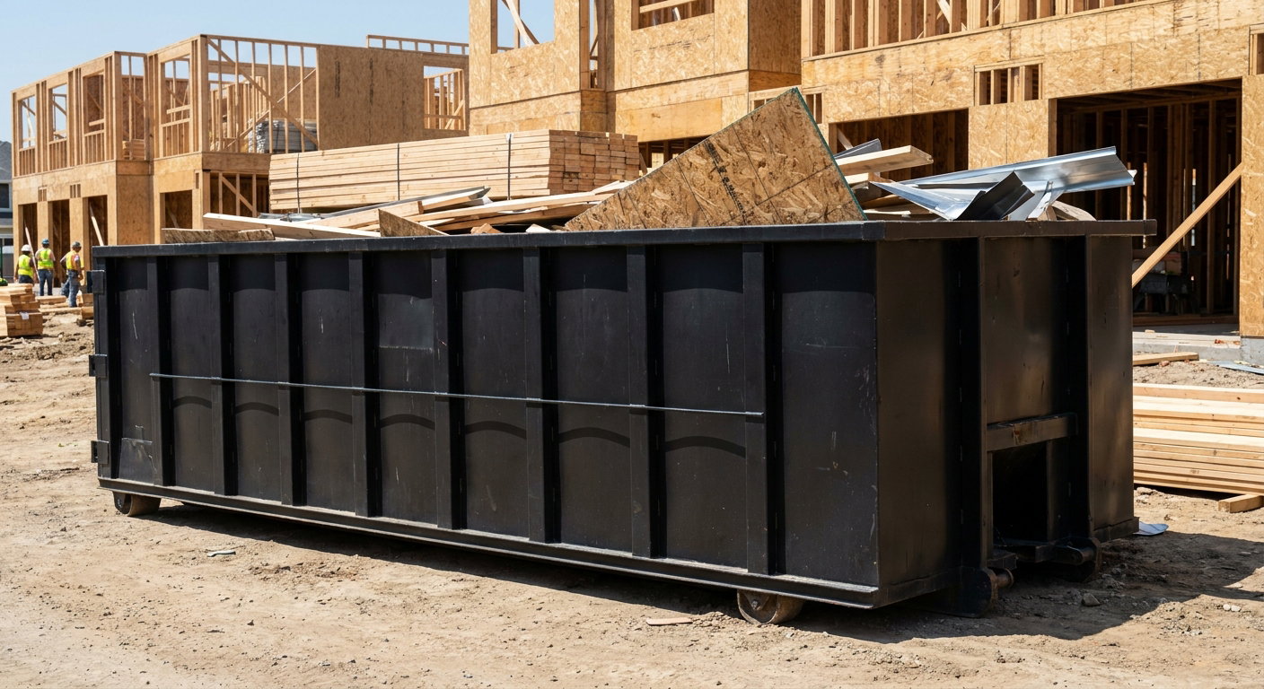 Matte-black 40-yard roll-off construction dumpster being lowered from a white-cab hooklift delivery truck onto the compacted-dirt jobsite at a commercial build site in Kent