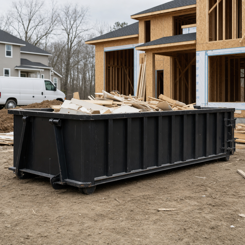 Worker in a yellow high-visibility vest tossing framing lumber and broken drywall into a matte-black 30-yard construction roll-off dumpster on an active build site in Kent, bright daylight