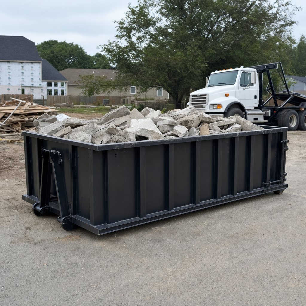 Low-profile matte-black lowboy roll-off dumpster loaded with broken concrete slab and rebar at a foundation tear-out in Kent, skid steer parked beside it, sunny Colorado morning