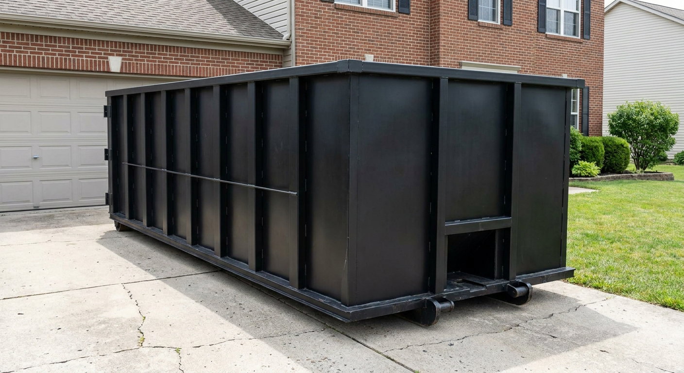 Matte-black 20-yard roll-off container on a Kent residential concrete driveway with reinforced ribbed steel sidewalls and a hinged rear walk-in door, clean bright daylight.