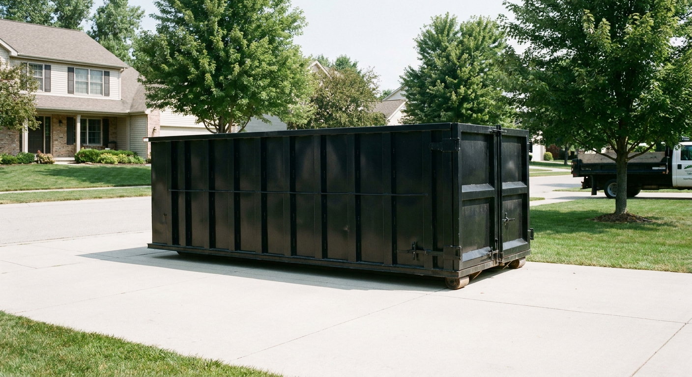 Matte-black 20-yard roll-off dumpster sitting level on a clean Kent residential concrete driveway under bright daylight, demonstrating clean placement directly on the concrete.