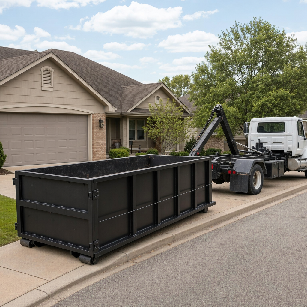 Wide documentary shot of a matte-black roll-off dumpster on a Kent residential driveway in the foreground and a contractor jobsite container in the soft-focus background, bright daylight, calm and orderly composition.