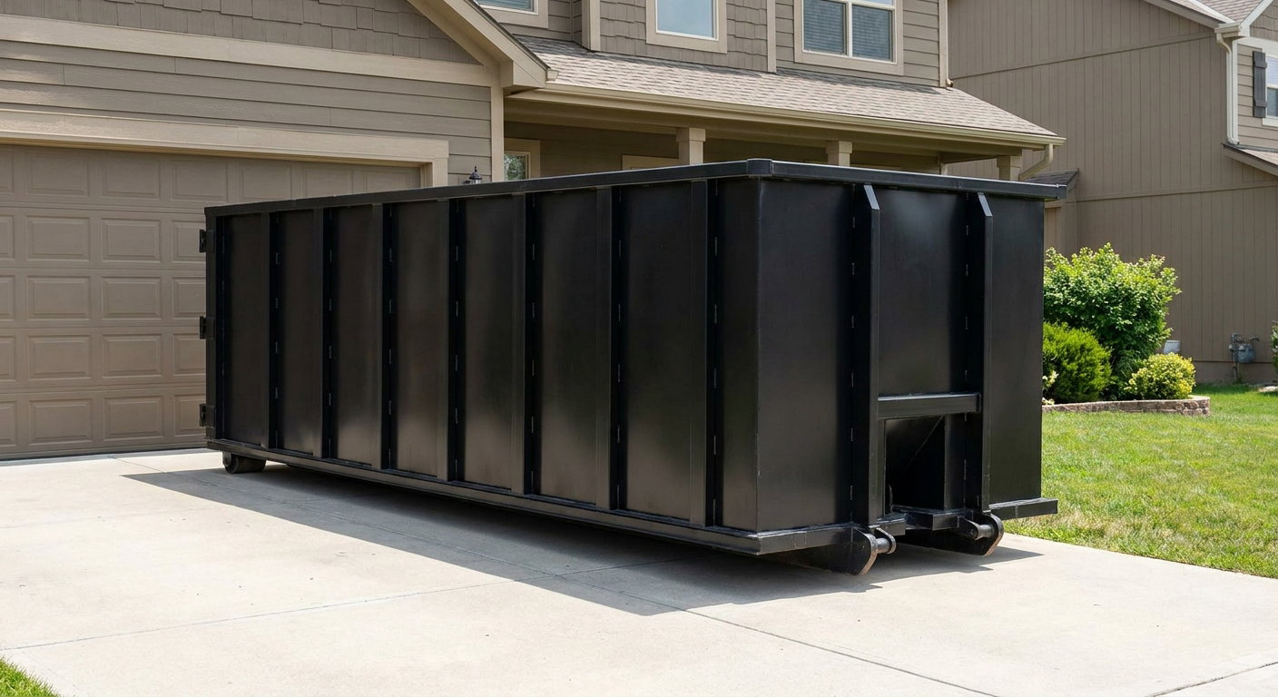 Matte-black residential roll-off dumpster sitting directly on a suburban Kent concrete driveway, garage door closed, single-family home in background, bright morning daylight.
