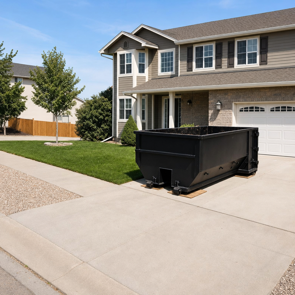 10-yard matte-black residential dumpster placed directly on a narrow Kent concrete driveway, room remains for a parked sedan beside it, mid-morning natural light