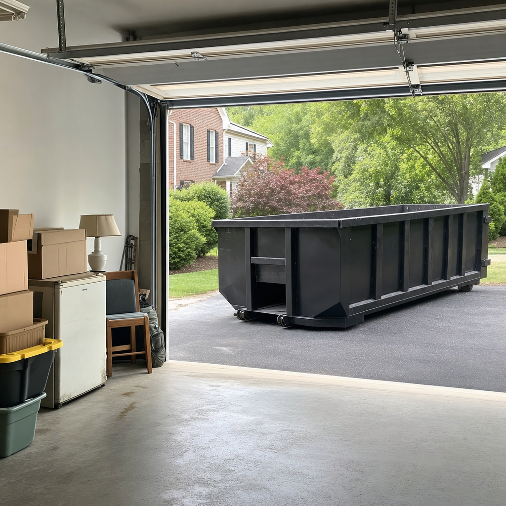 Open garage interior in a Kent home mid-cleanout — boxed items, an old appliance, and stacked yard tools queued near the driveway for a matte-black roll-off dumpster, organized and calm