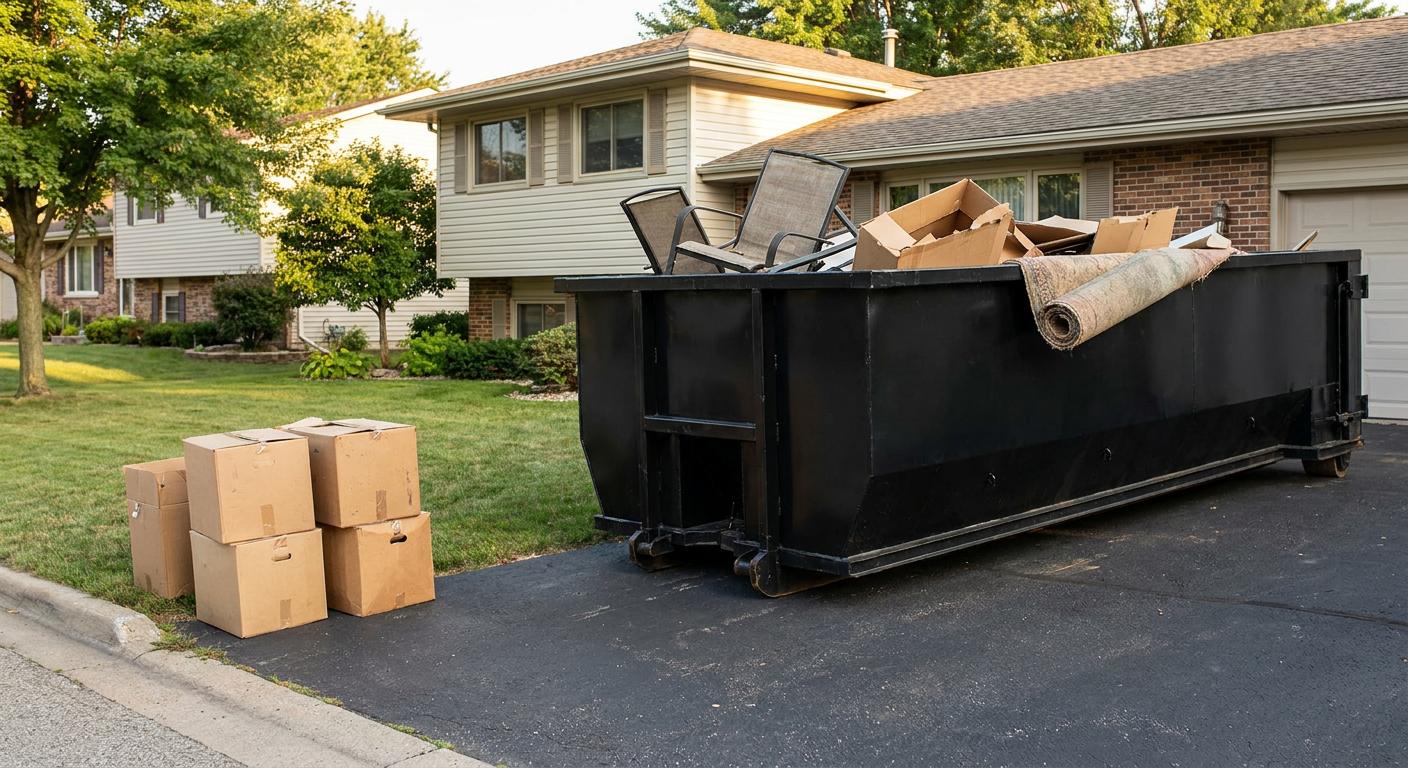 Front-yard view of a Kent split-level home with a 20-yard matte-black roll-off dumpster sitting directly on the asphalt driveway, a few clearly labeled donation boxes staged at the curb, calm sunny afternoon.