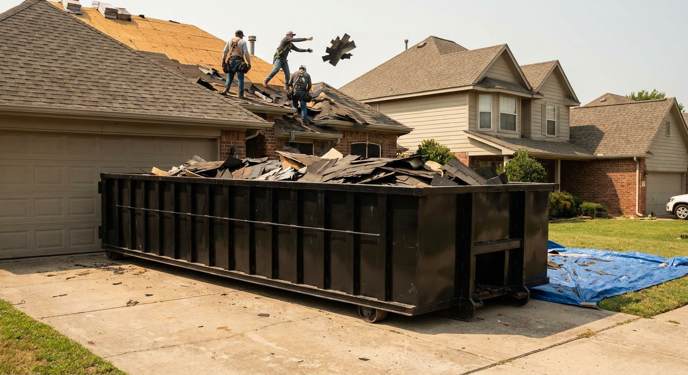 Matte-black roofing roll-off dumpster placed directly on a Kent residential concrete driveway, a tear-off crew on a two-story asphalt-shingle roof tossing shingle bundles into the low-walled container, bright daylight, documentary 35mm perspective.