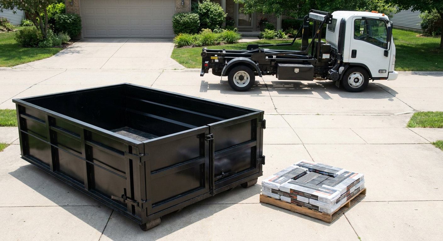 Matte-black 15-yard roofing roll-off dumpster with reinforced low side walls sitting directly on a Kent residential concrete driveway, three-tab asphalt shingle bundles stacked nearby, an unmarked white hauler truck partially visible at the edge of the frame.