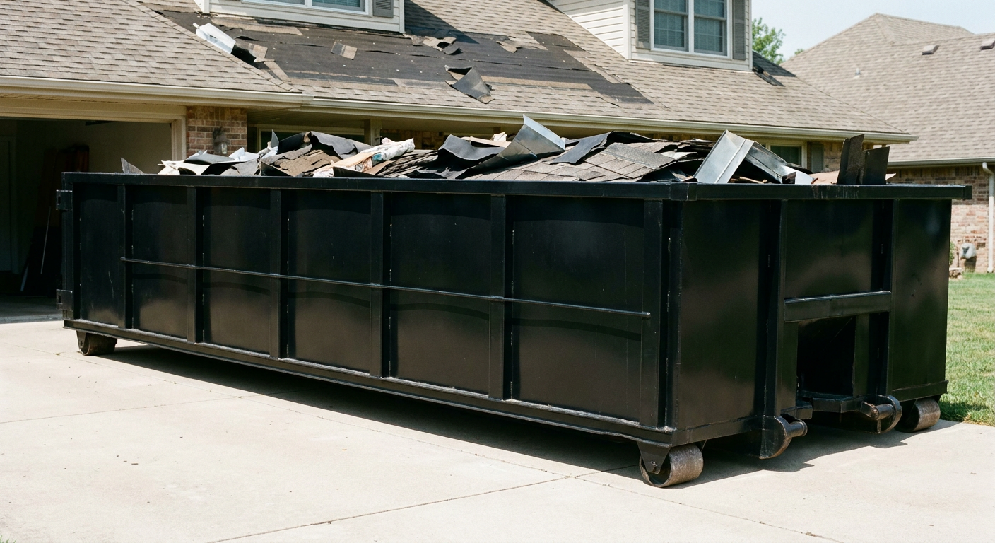 Matte-black 20-yard roofing roll-off dumpster with steel ribbed sides and swinging rear door, sitting directly on the concrete driveway of a two-story Kent home, asphalt shingle debris being loaded over the low wall, clean documentary lighting.