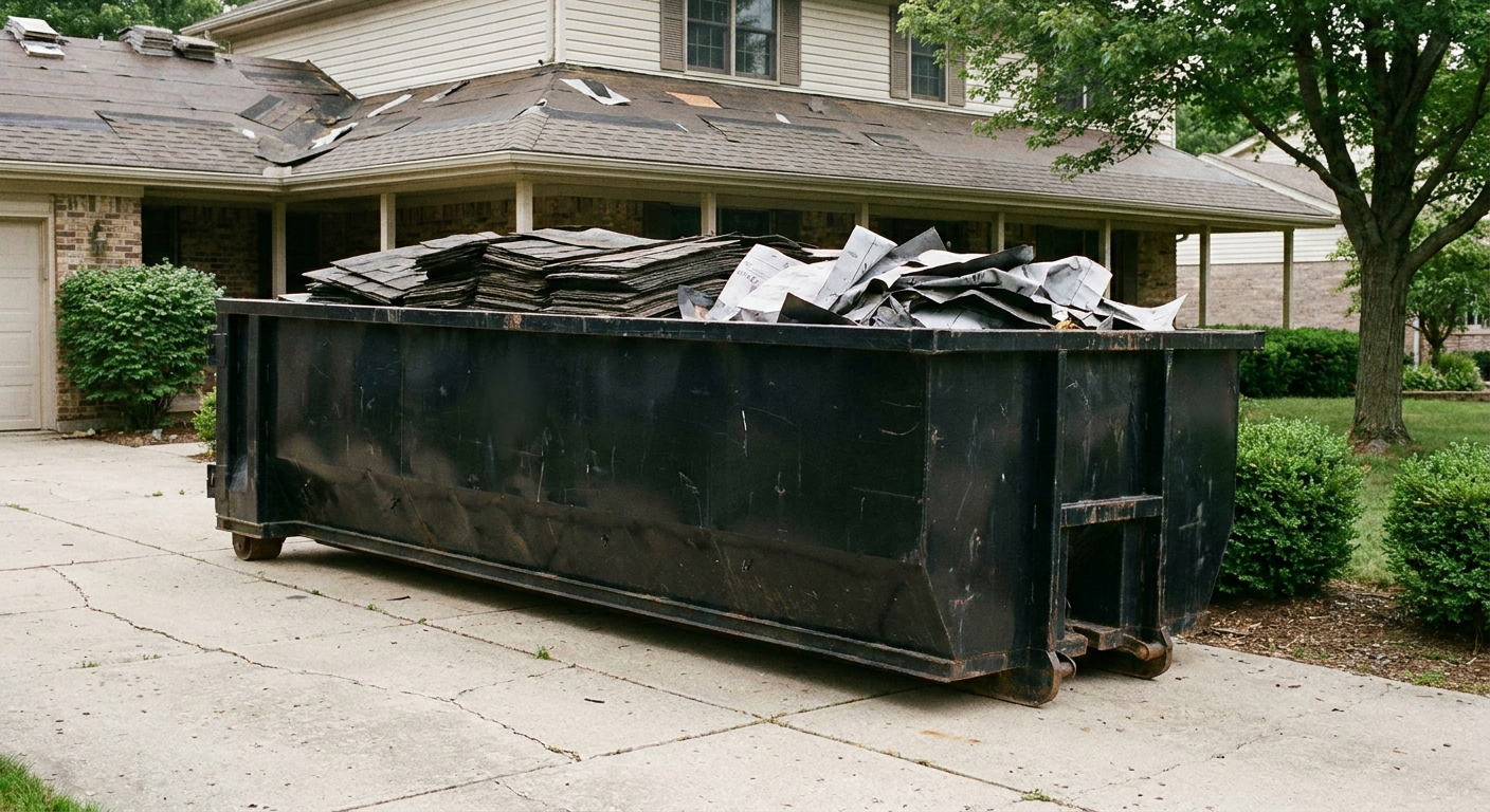 Matte-black 30-yard roofing roll-off dumpster sitting directly on a Kent concrete driveway, taller ribbed steel side panels, mixed tear-off debris of asphalt shingles and underlayment inside, professional documentary daylight.