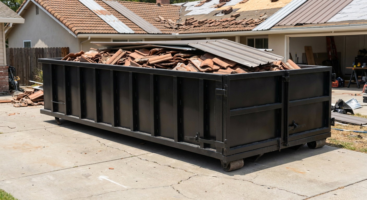 Matte-black low-wall heavy-debris roofing roll-off dumpster sitting directly on a Kent concrete driveway, broken concrete clay roof tiles and metal panel sections loaded inside, reinforced ribbed steel side walls visible, bright outdoor daylight.