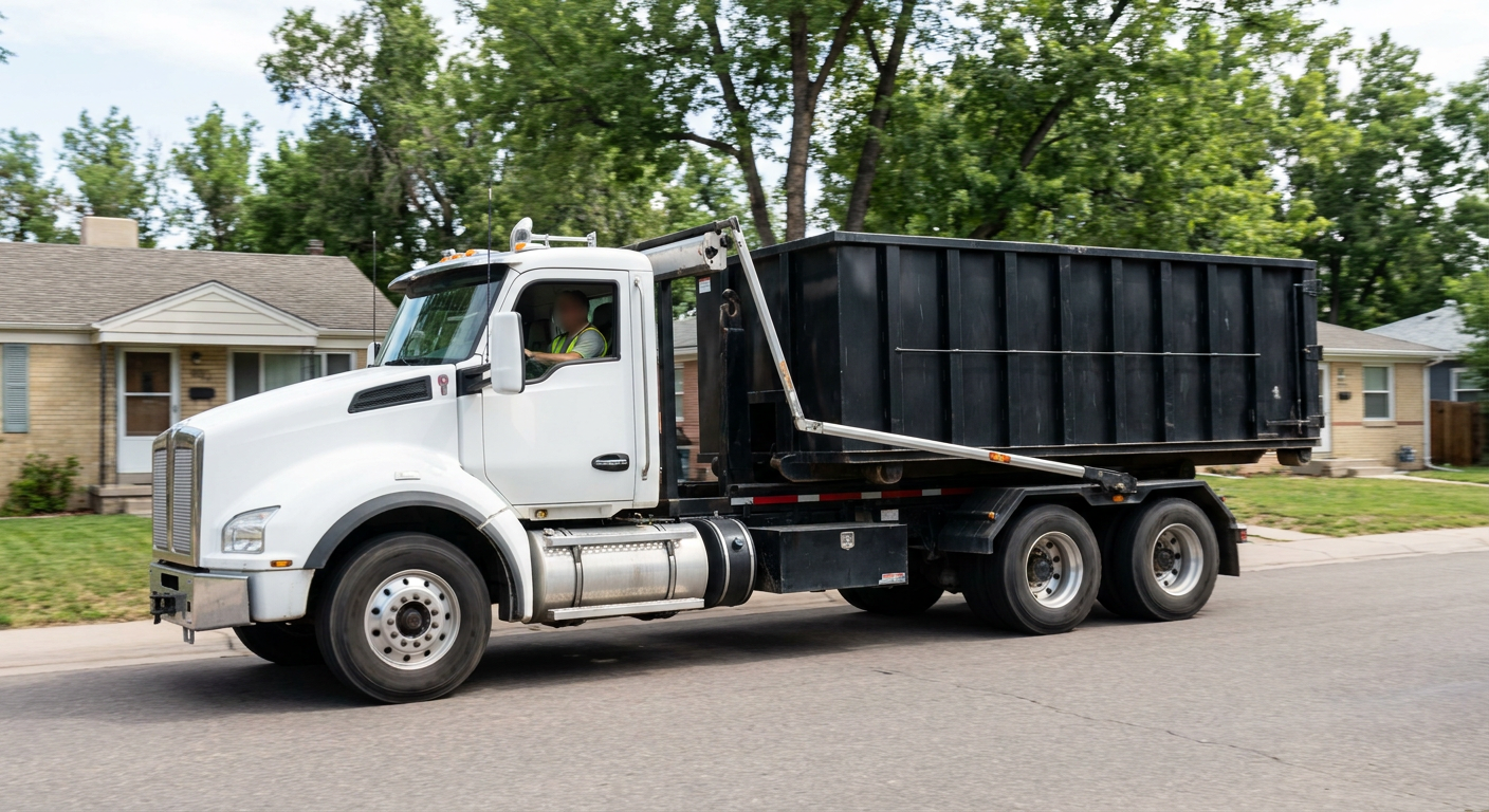 A wide documentary shot of a matte-black roll-off delivery truck pulling onto a quiet Kent residential street at mid-morning, with neighborhood rooftops and tree-lined blocks visible behind, showing the metro coverage footprint.