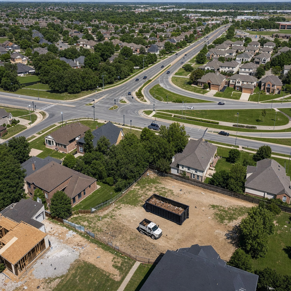 An overhead documentary view of the Kent metro area at midday, showing the spread of neighborhoods, arterial roads, and the dispatch radius from a central yard — clean daylight, organized geographic layout.