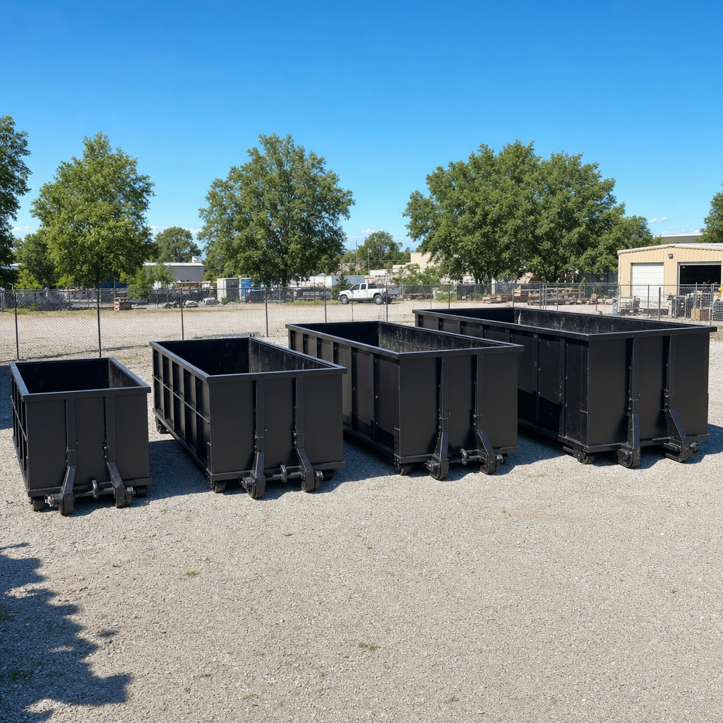 A clean lineup of matte-black roll-off dumpsters in 10, 20, 30, and 40-yard sizes staged on a sunlit gravel yard in Kent, showing the size progression from compact to commercial-scale containers.