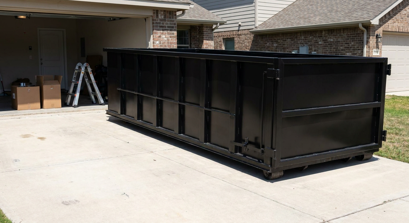 A matte-black 10-yard roll-off dumpster sitting directly on a residential Kent concrete driveway, mid-day sunlight, clean and ready for a garage cleanout.