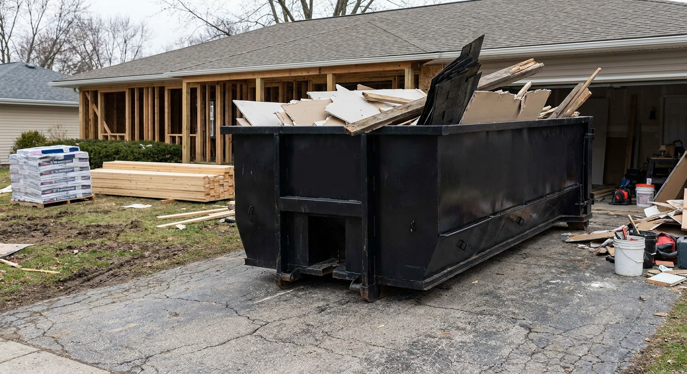 A matte-black 20-yard roll-off dumpster placed alongside a mid-renovation Kent home directly on the asphalt driveway, with framing materials and torn-off shingles staged neatly nearby.