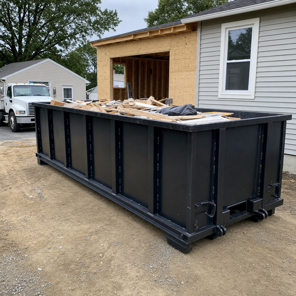 A matte-black 30-yard roll-off dumpster positioned at a Kent residential addition jobsite, with framing lumber and drywall scraps loaded through the open swinging rear doors.