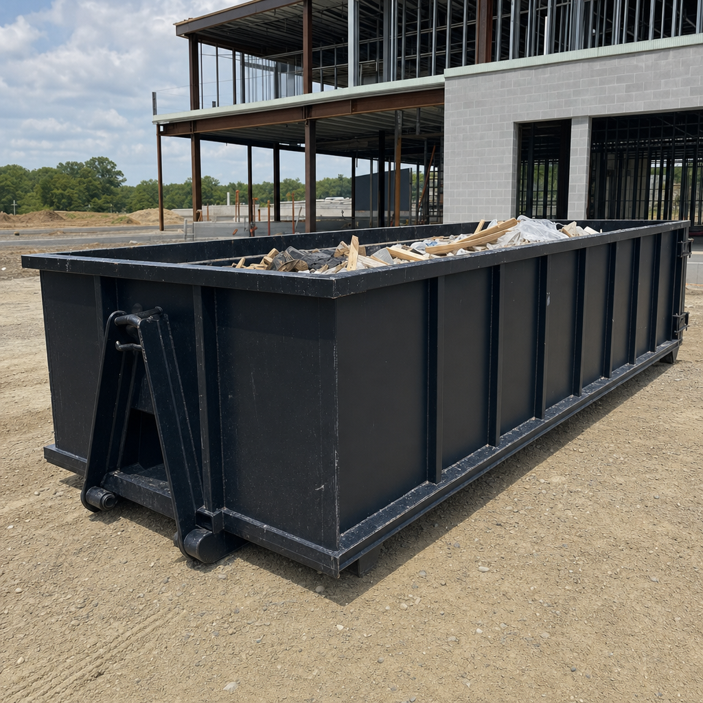 A matte-black 40-yard roll-off dumpster staged on a large Kent commercial construction lot, with a hooklift delivery truck parked alongside under bright midday sky.