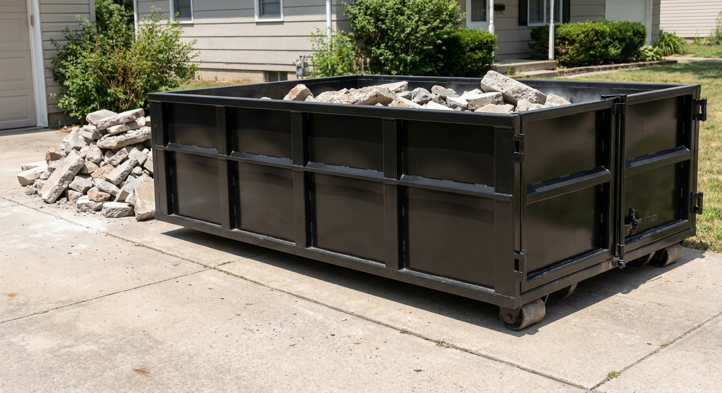 A matte-black low-side heavy-debris roll-off dumpster placed directly on a Kent concrete driveway, with broken concrete chunks neatly stacked beside it under clean daylight.